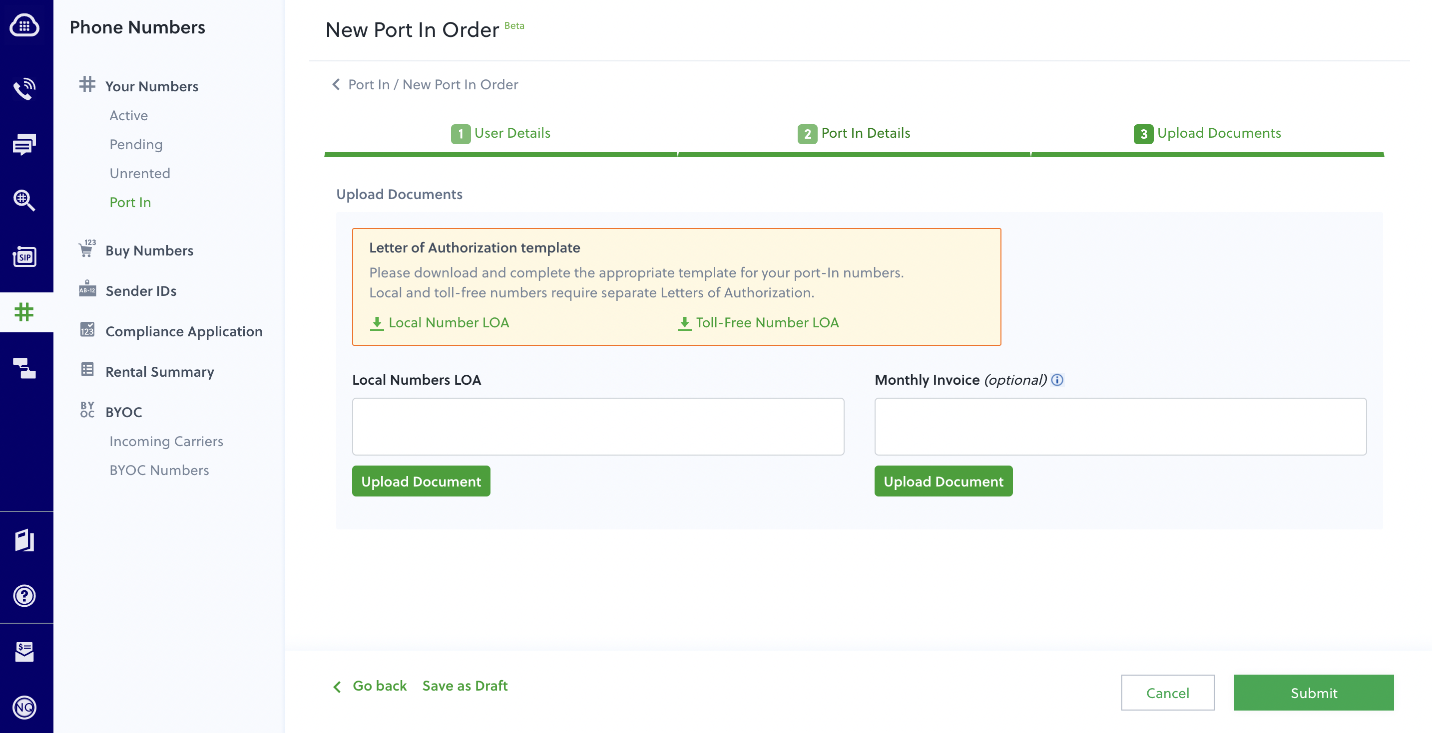 To port in a number, navigate to Phone Numbers > Port-In and click New Port-In Order.