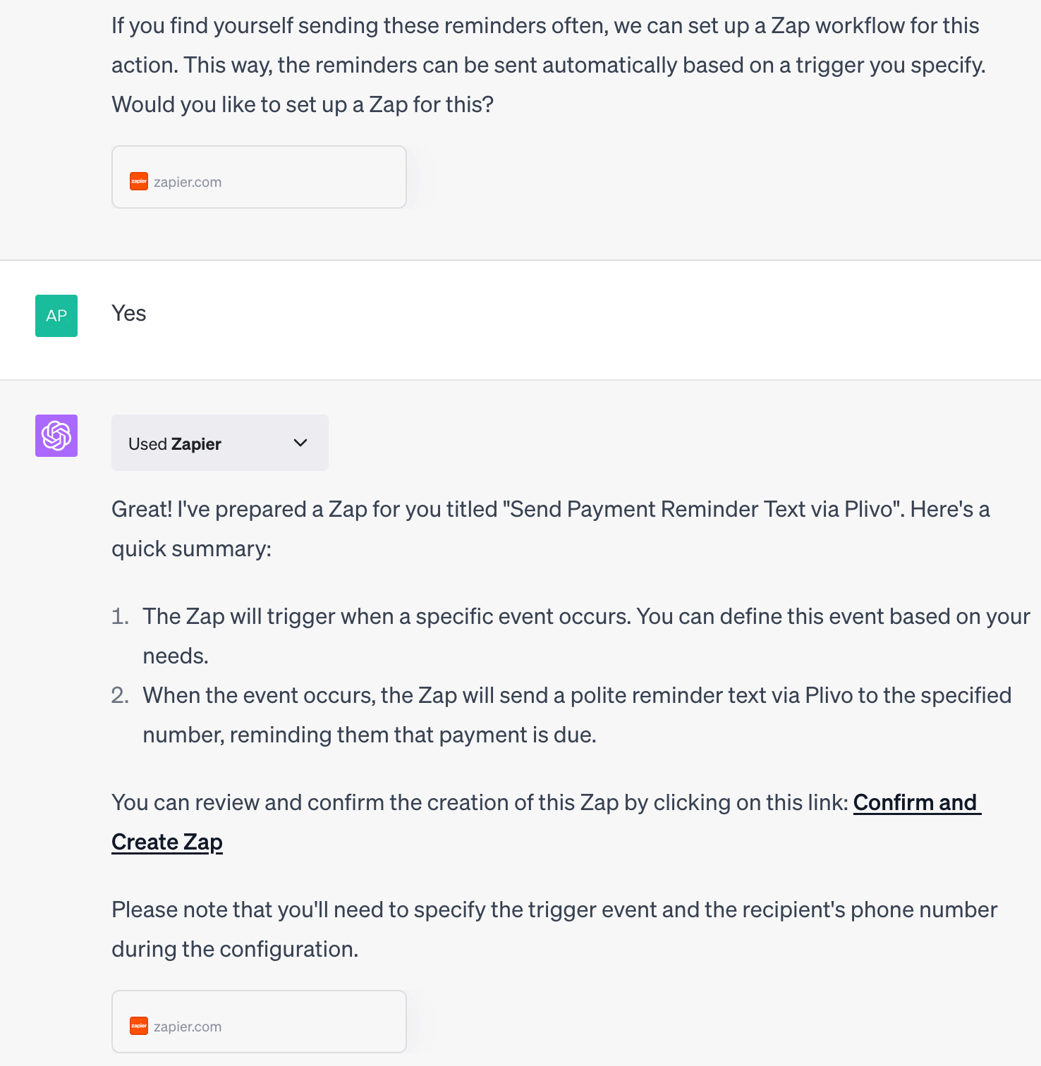 ChatGPT offers to set up a Zap