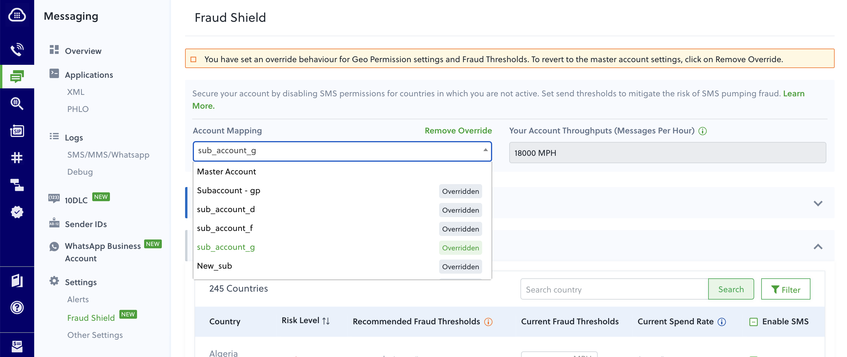 Overriding preferences for specific subaccounts