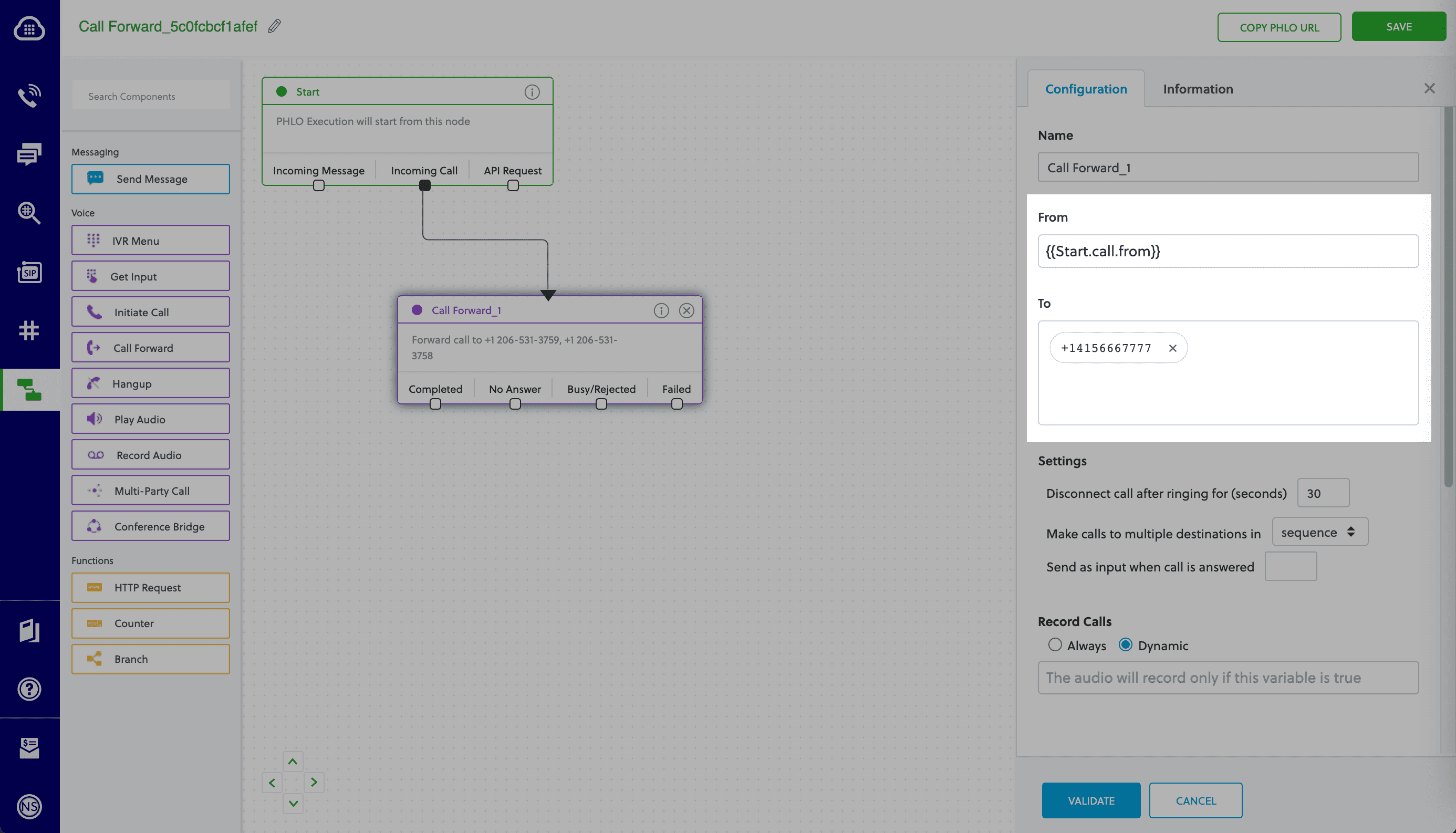 configure the parameters in Call Forwarding node