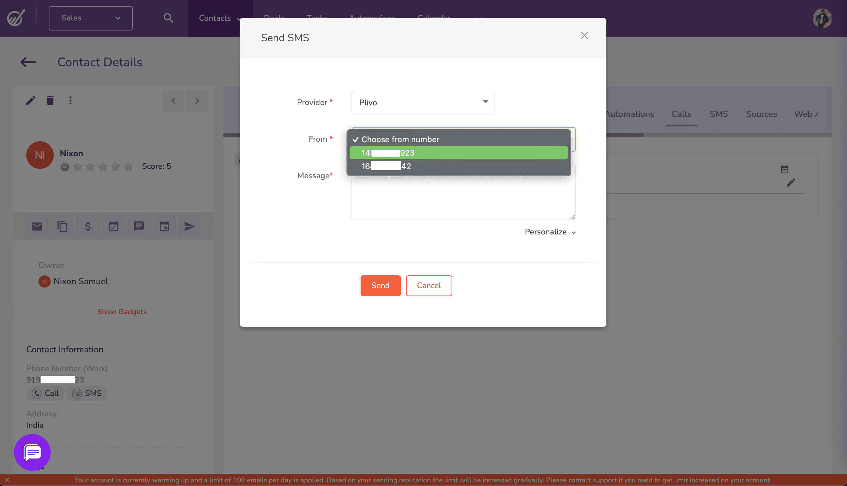 Choose your Plivo number as Source number and fill the message body