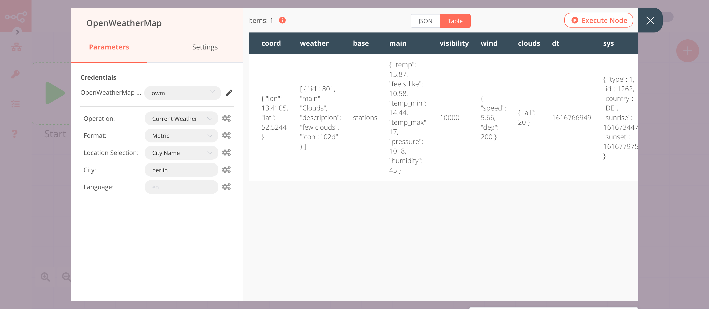 Using the OpenWeatherMap node to get weather updates for Berlin