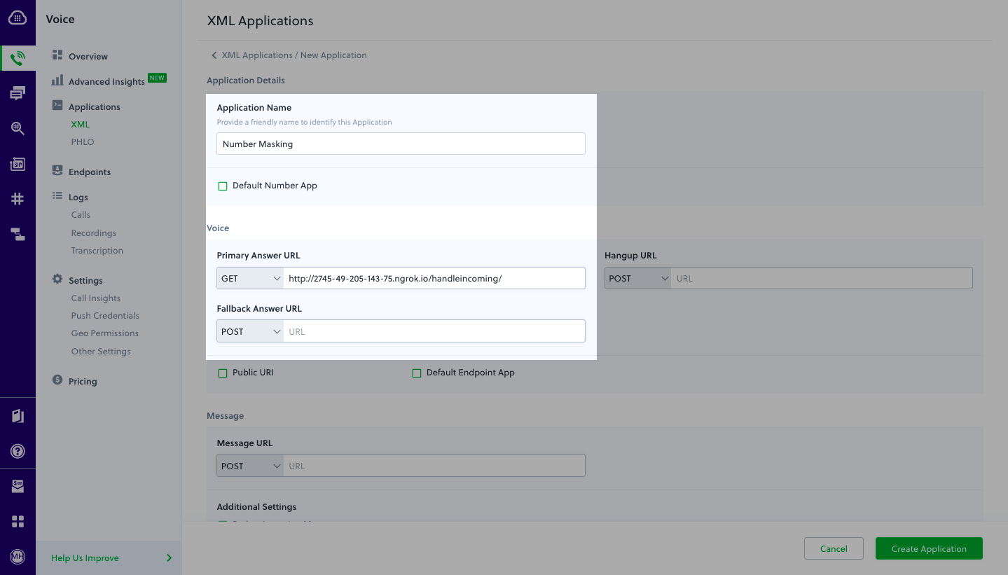 Create Application — Number Masking