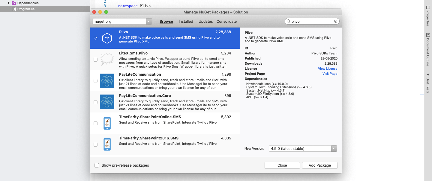 Select Plivo Nuget package