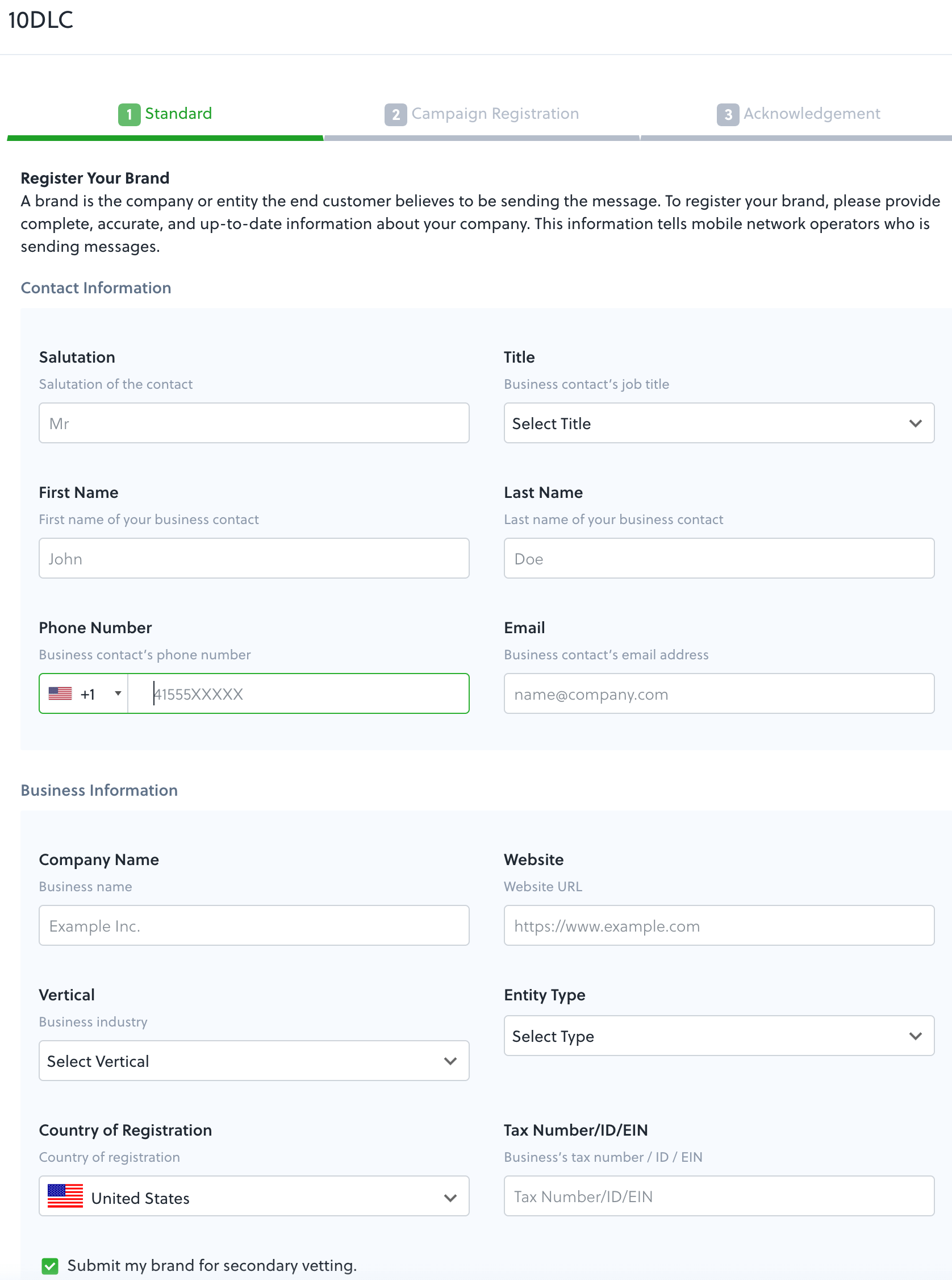 Screenshot of 10DLC registration in the Plivo Console