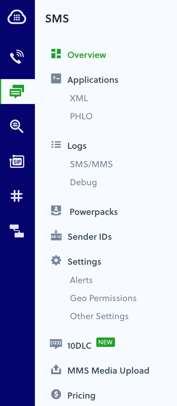 Plivo console SMS menu choices