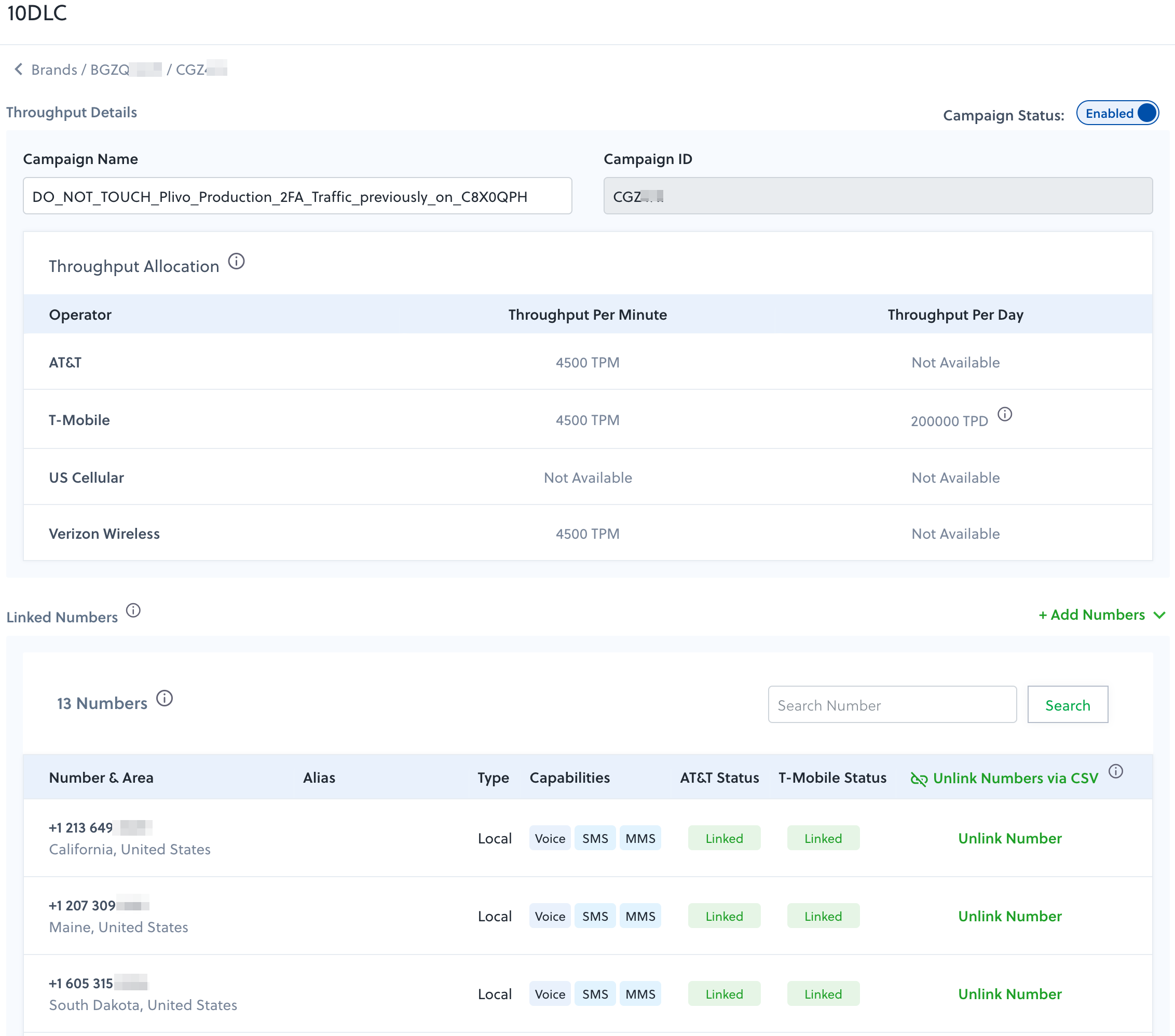 10DLC campaign details with linked numbers