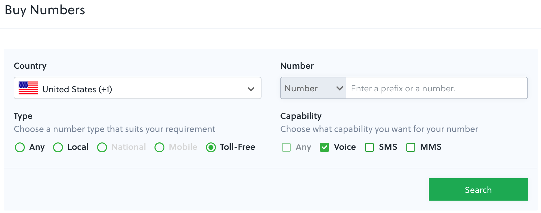 Screenshot of the Buy Numbers pane of the Plivo console