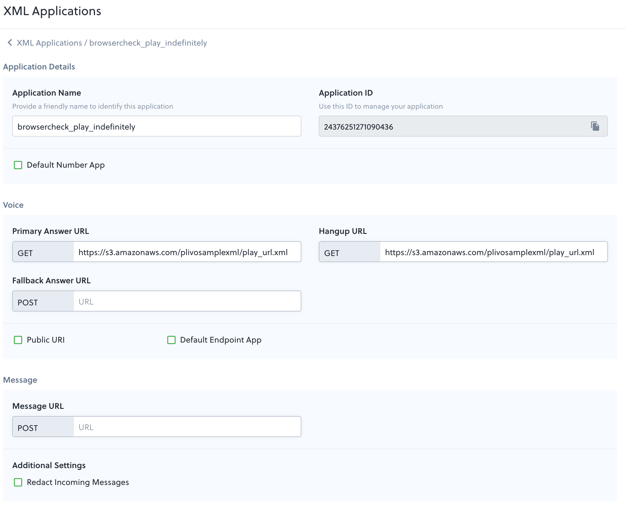 XML application detail screen