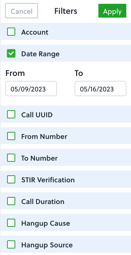 Voice log filtering screen